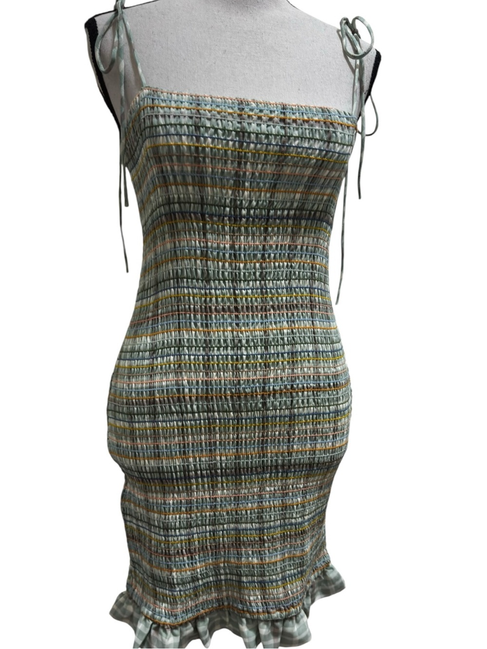 Paradise USA Smocked Mini Dress Green Gingham Plaid Cottagecore NWOT Small - Picture 2 of 5